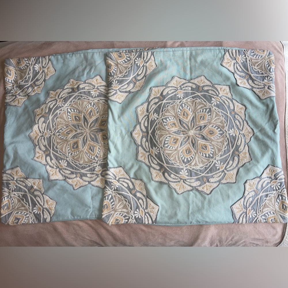 Pottery Barn Cressida Medallion Euro Square Pillow Shams duck egg blue w/buttons